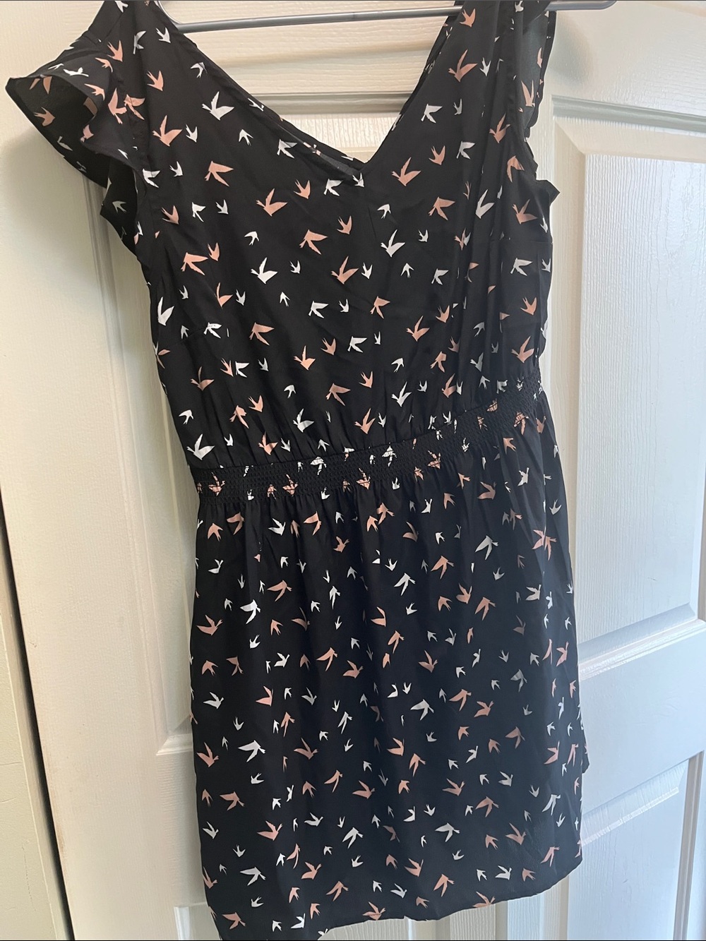 Black Casual V-Neck Dress with Pink and White Bird Print